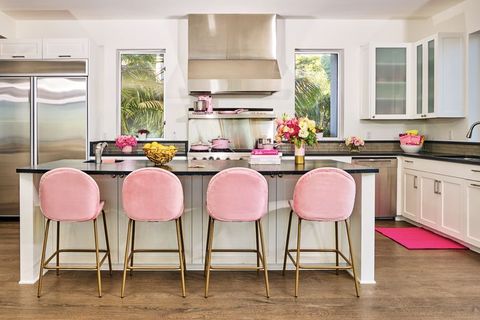 Furniture, Countertop, Room, Kitchen, Property, Pink, Interior design, Cabinetry, Dining room, Table, 