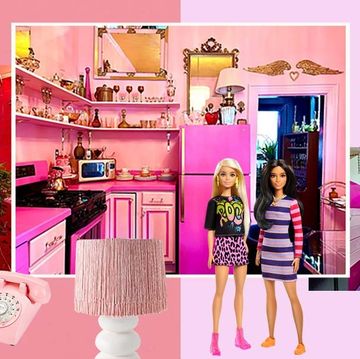 hot pink bathroom, laundry room, and kitchen with hot pink accessories and barbies