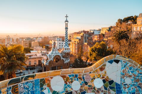 barcelona at sunrise viewed from park guell, barcelona, catalonia, spain