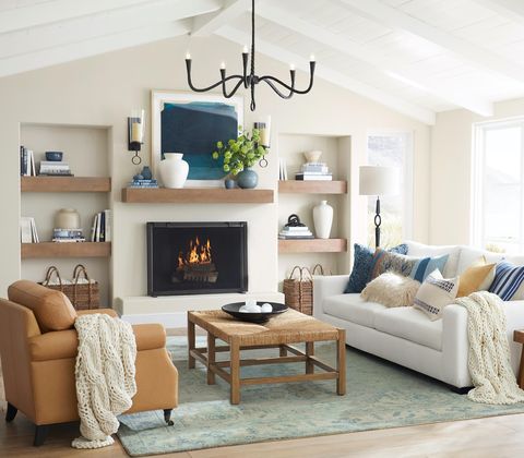 living room with wood, blue and brown accents