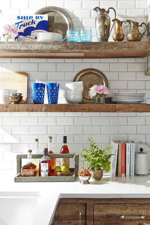 rustic open shelving in a white kitchen
