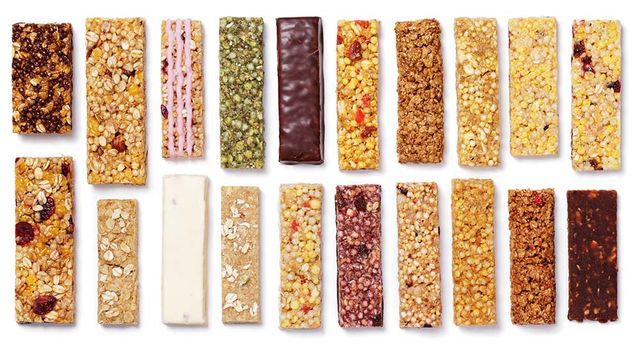 top view of various healthy granola bars muesli or cereal bar set of protein bar isolated on white background