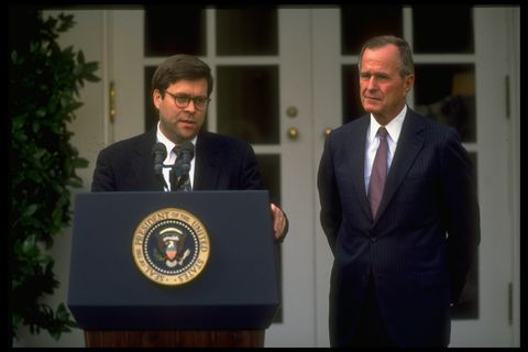pres bush r listening to dep atty gen william barr at wh portico ceremony announcing dep's nomination to succeed atty gen thornburgh  photo by dirck halsteadthe life images collection via getty imagesgetty images