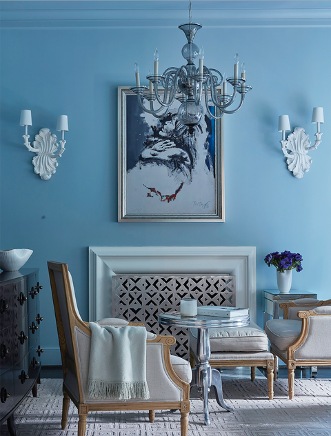 Blue, White, Room, Interior design, Furniture, Wall, Lighting, Chandelier, Living room, Table, 