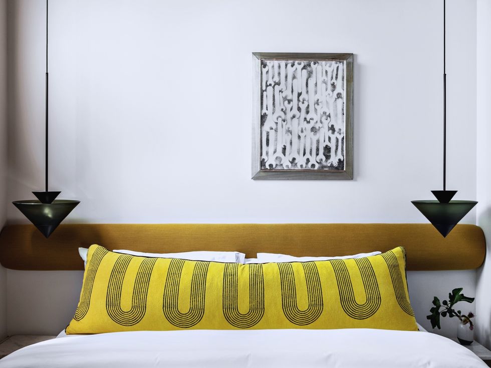 Furniture, Yellow, Room, Bedroom, Bedding, Pillow, Cushion, Green, Bed, Interior design, 