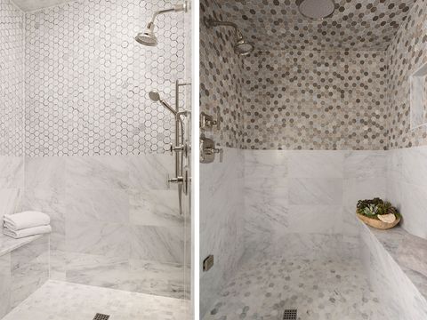 Tile, Bathroom, Wall, Room, Floor, Flooring, Interior design, Architecture, Shower, Material property, 