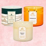 tree farm, vanilla bean, and limoncello candles with pink background