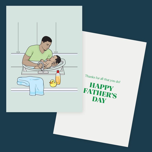 fathers day card of african american dad bathing his infant son in the sink