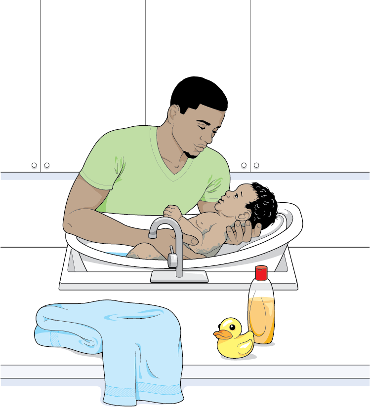 an adult bathing an infant in a sink