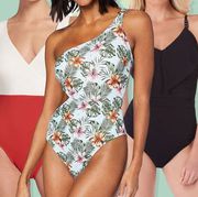 3 women in one piece bathing suits