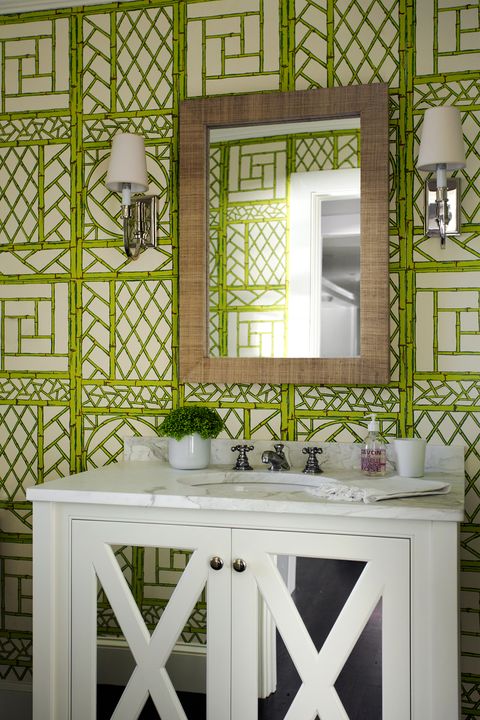 Green, Room, Interior design, Tile, Wall, Wallpaper, Furniture, Pattern, Design, House, 
