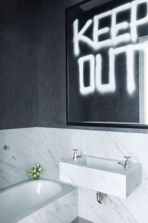 Bathroom, Tap, Room, Wall, Tile, Interior design, Architecture, Material property, Plumbing fixture, Black-and-white, 