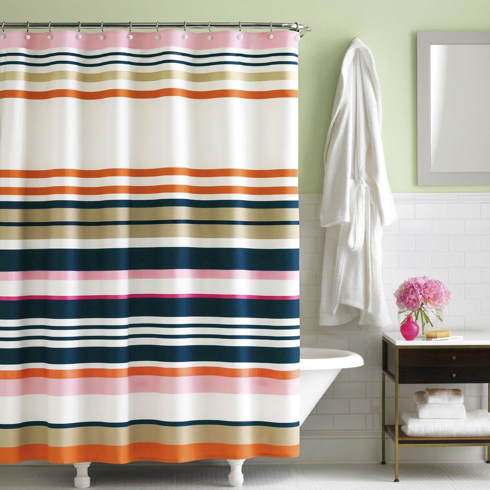 bathroom paint colors, bathroom with pistachio walls and striped shower curtain