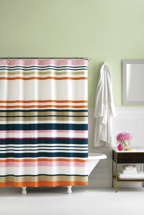 bathroom paint colors, bathroom with pistachio walls and striped shower curtain