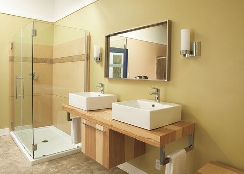 bathroom paint colors mustard yellow bathroom with a rectangular mirror and walk in shower