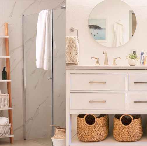 bathroom organization ideas, left image showcases a ladder to store bath products and right image shows a bathroom vanity with baskets on the bottom shelving