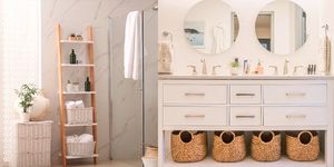bathroom organization ideas, left image showcases a ladder to store bath products and right image shows a bathroom vanity with baskets on the bottom shelving
