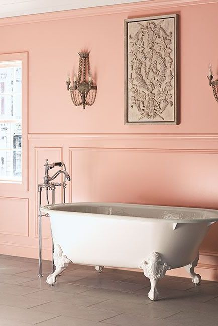 bathroom paint colors, coral bathroom with a white tub