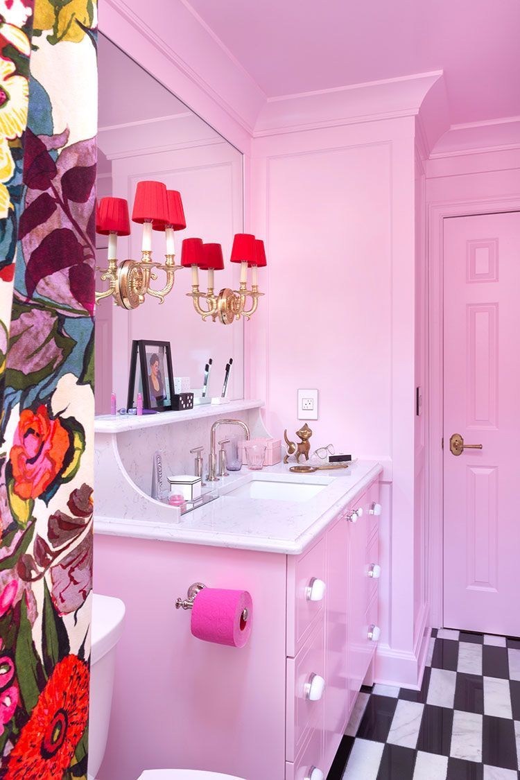 bathroom paint colors, pink bathroom with red lampshades and checkered floors