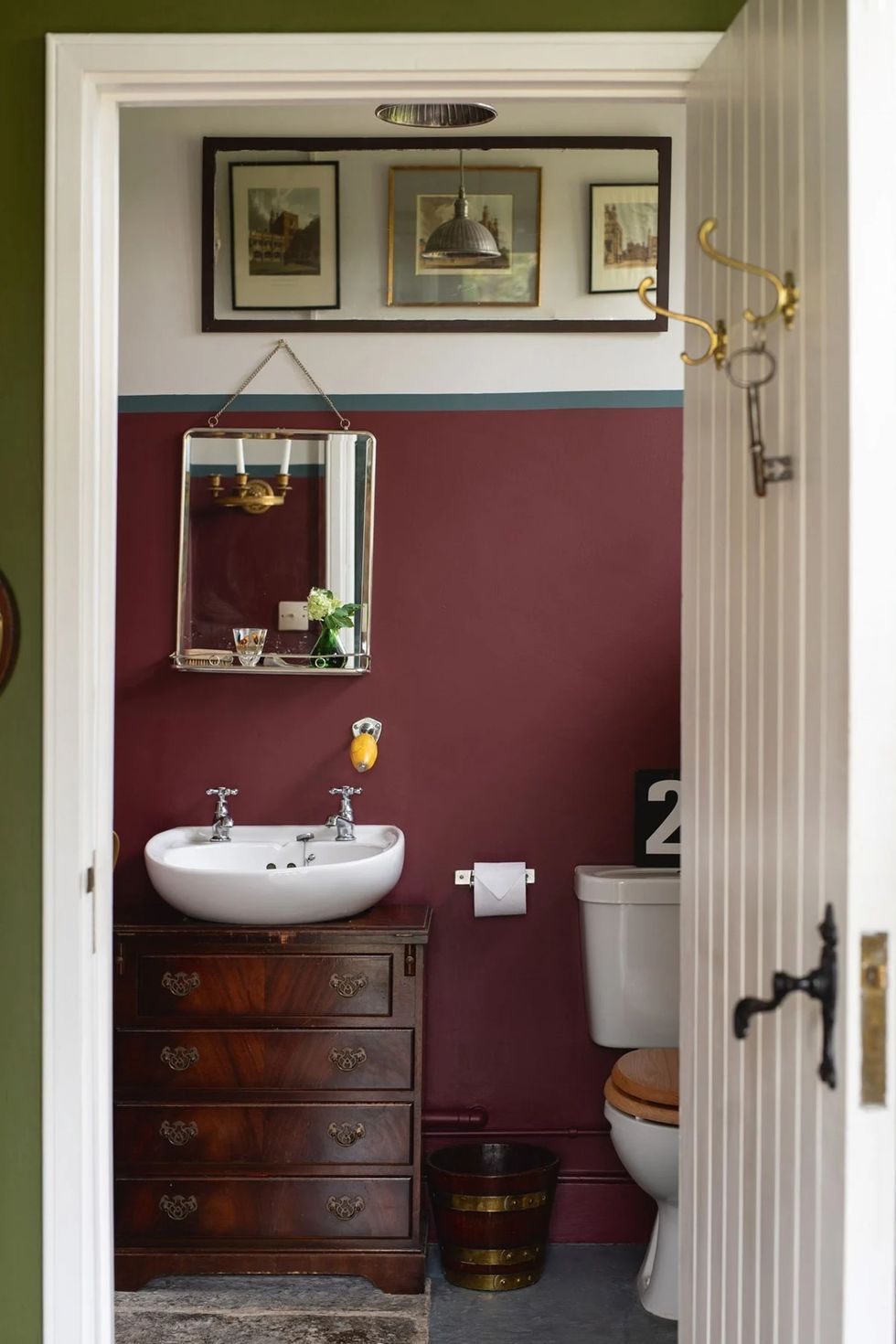 bathroom paint colors, rich red powder room with a white sink
