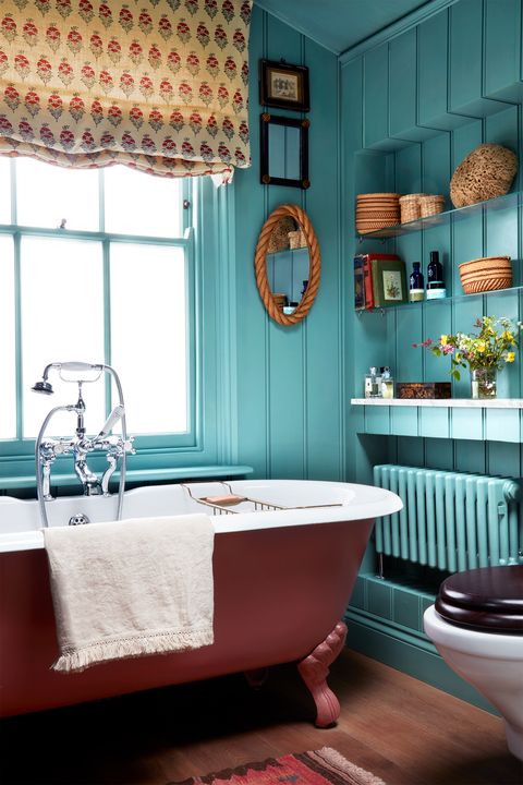 bathroom paint colors, teal bathroom with a burgundy and white tub