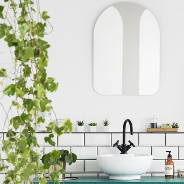 mirror and poster in white bathroom interior with washbasin and plant