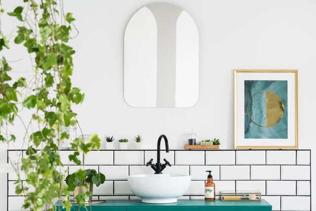 mirror and poster in white bathroom interior with washbasin and plant