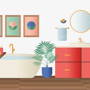 Turquoise, Room, Wall, Orange, Furniture, Wall sticker, Interior design, Illustration, Clip art, Floor, 