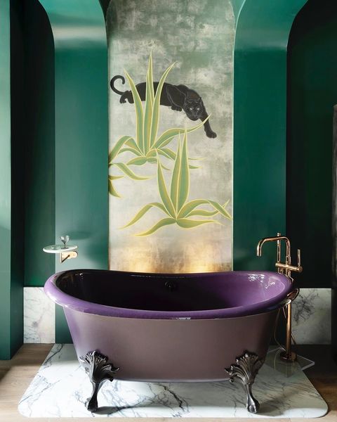 Bathroom, Green, Room, Purple, Tile, Wall, Interior design, Bathtub, Wallpaper, Plumbing fixture, 
