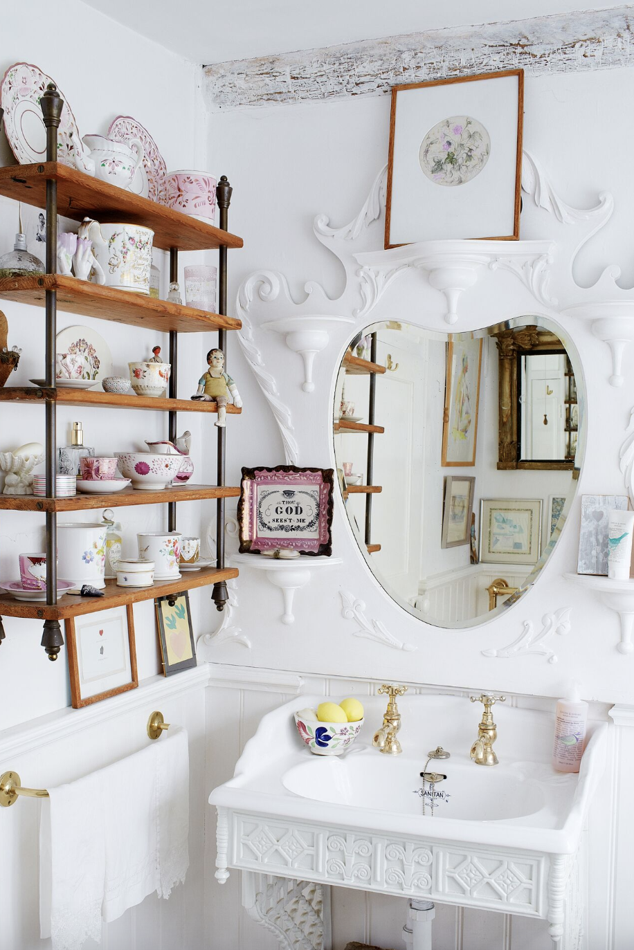 bathroom shelf ideas, white victorian style bathroom with rustic wall mounted shelving for teacups