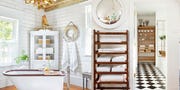 bathroom storage ideas, left side bathroom with a white cabinet, right side bathroom with a towel rack by the door