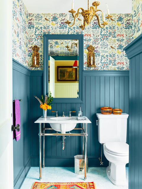 blue bathroom with storage ideas