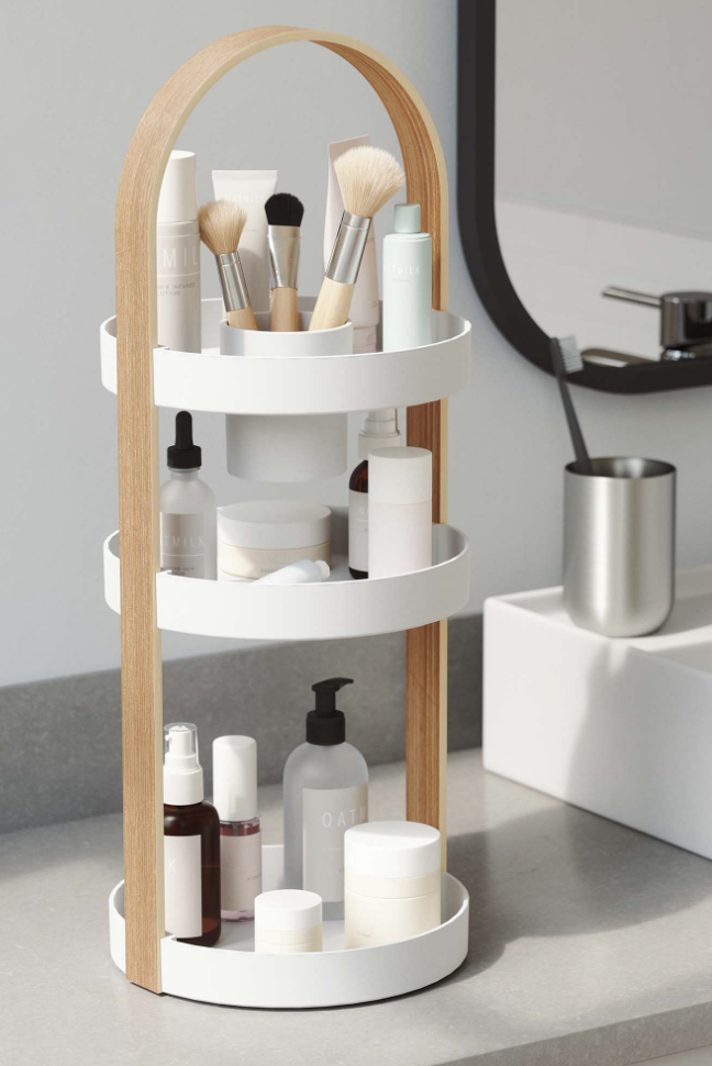 bathroom storage ideas, west elm white cosmetics organizer