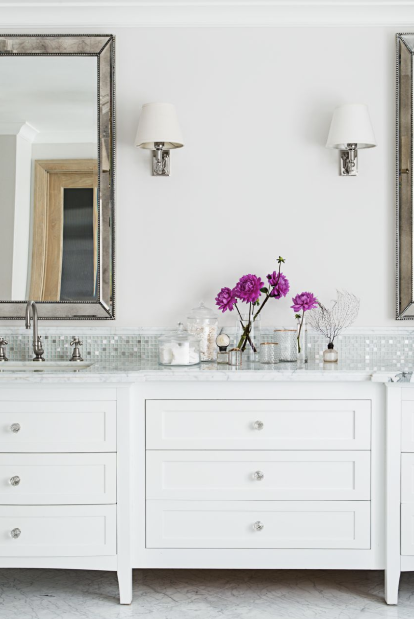 bathroom storage ideas, wide white dresser in the bathroom with two mirrors and sinks