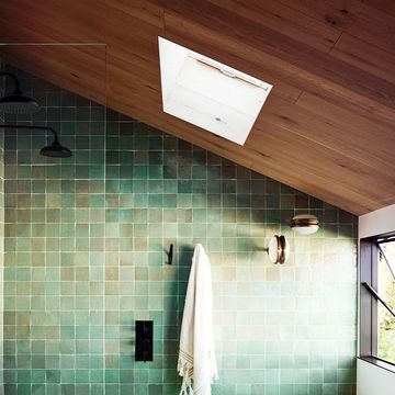 a bathroom with a tile floor