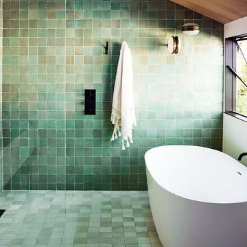 a bathroom with a tile floor