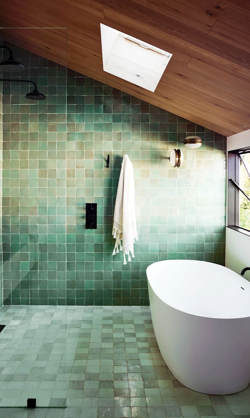 modern bathroom with green zellige tiles