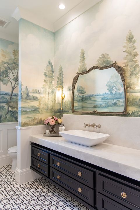powder room with mural wallpaper