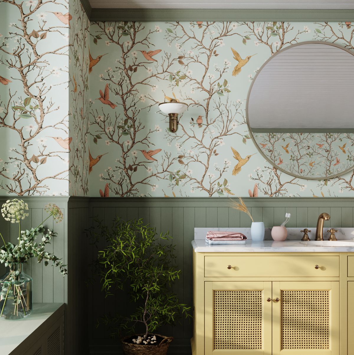 colourful bathroom with green patterned wallpaper and yellow vanity unit with marble surface, bronte bird tree wallpaper light green, bobbi beck