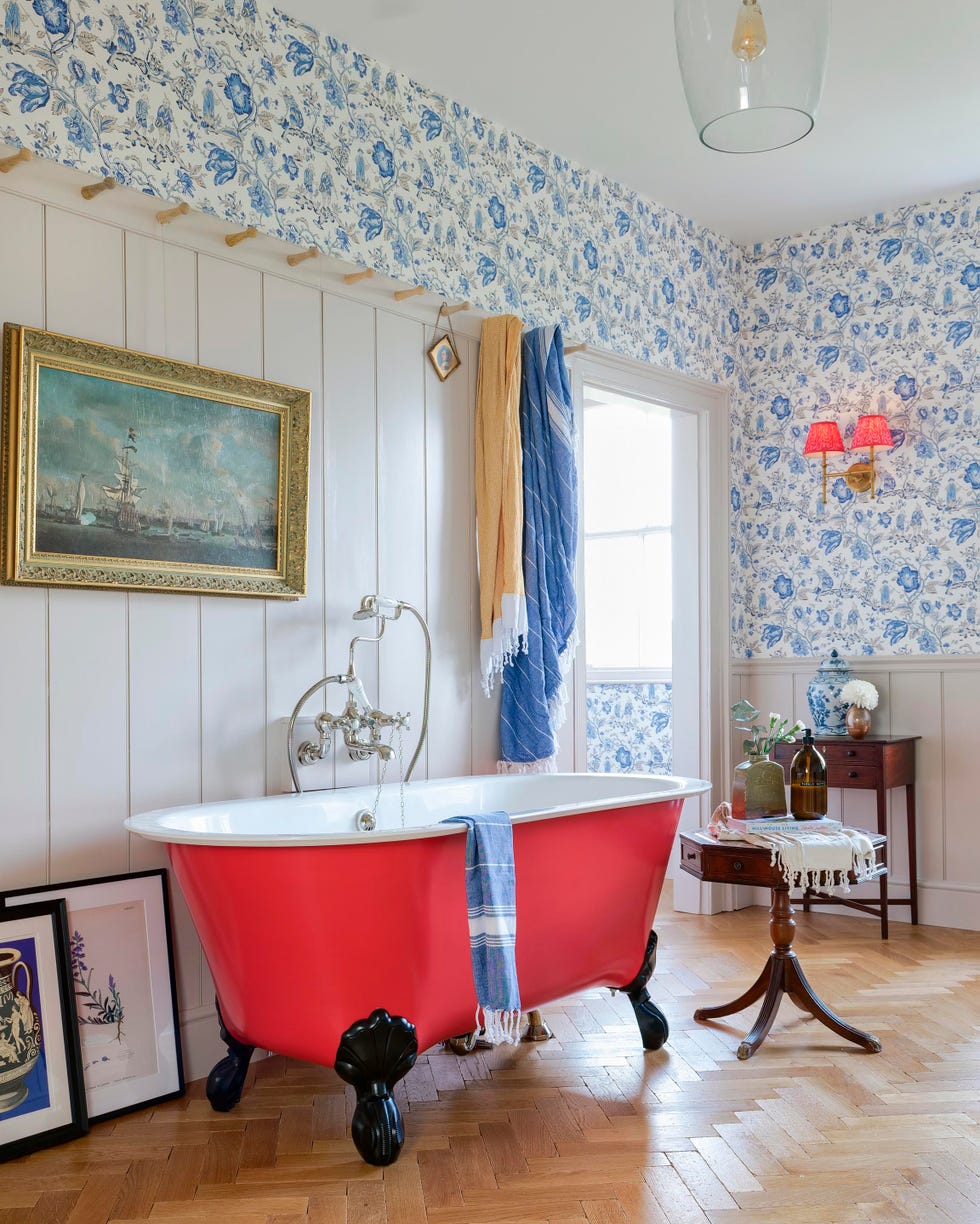 bathroom in country home with cast iron tub