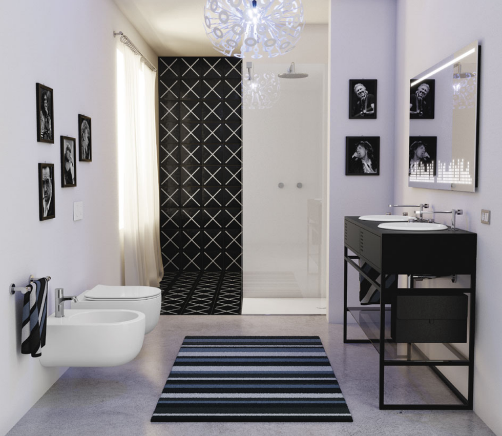 Black, Room, Black-and-white, Interior design, Bathroom, Property, Floor, Tile, Ceiling, Monochrome photography, 