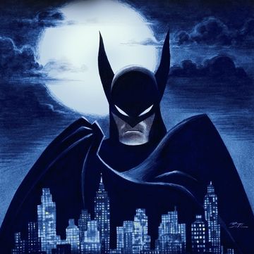 batman caped crusader poster shows giant batman standing over gotham city in painted art style