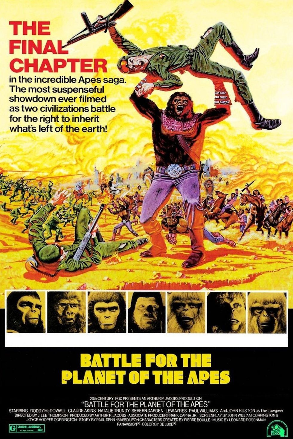 a poster with an ape holding a human soldier above them and an ape army and human army fighting in the background