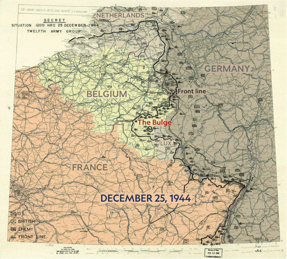 Op officile Amerikaanse stafkaarten is te volgen hoe de Battle of the Bulge zich tussen 25 december 1944 en 31 januari 1945 ontvouwde