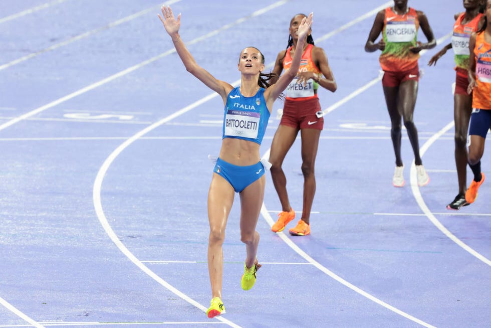 paris, france august 09 nadia battocletti of team italy celebrates winning the silver medal in the athletics womens 10,000m final on day fourteen of the olympic games paris 2024 at stade de france on august 09, 2024 in paris, france photo by jean catuffegetty images