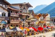 bavarian style architectural buildings in the village of leavenworth showing the main street