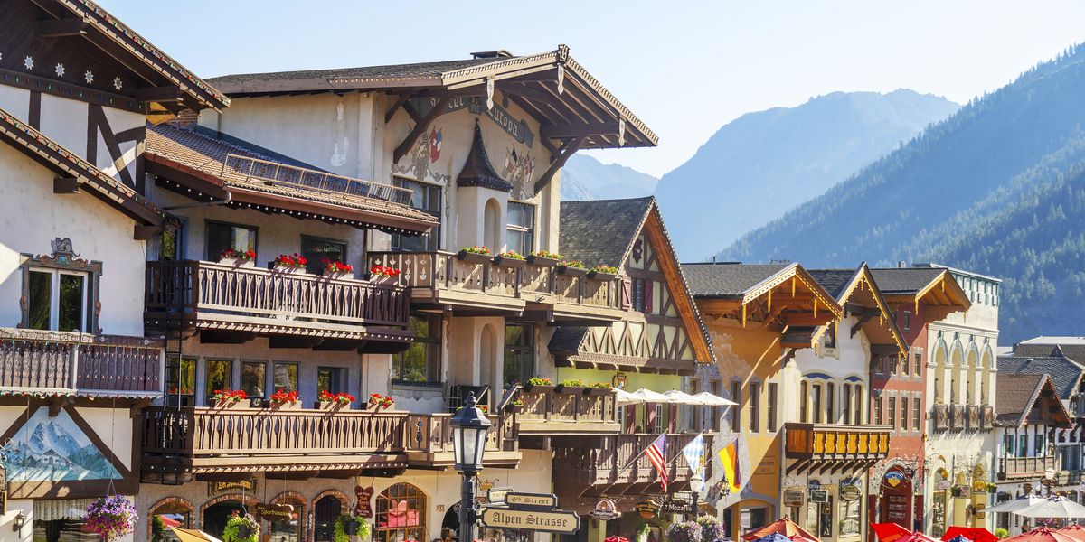bavarian style architectural buildings in the village of leavenworth showing the main street