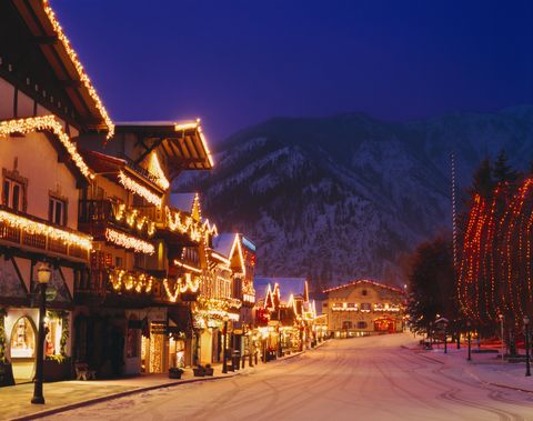 bavarian style village near cascade mountains decorated with christmas lights