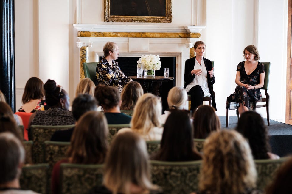 Justine Picardie, Alexandra Pringle and Karolina Sutton speaking at Harper's Bazaar's inaugural literary salon at The Ned in London.