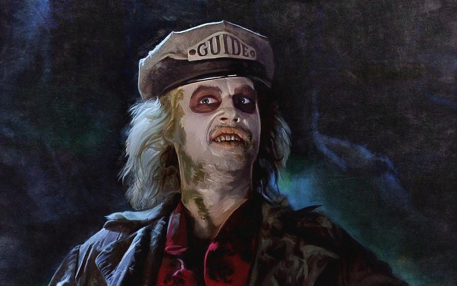 betelgeuse gives a tour wearing hat that says guide in a scene from beetlejuice